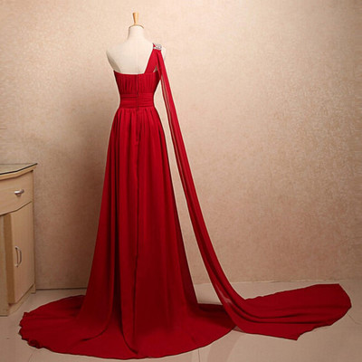 One shoulder a-line red chiffon prom dresses crystals women party dresses
