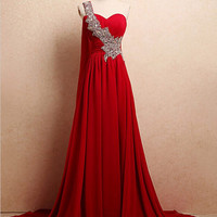 One Shoulder A-line Red Chiffon Prom Dresses crystals Women party Dresses - Thumbnail 1