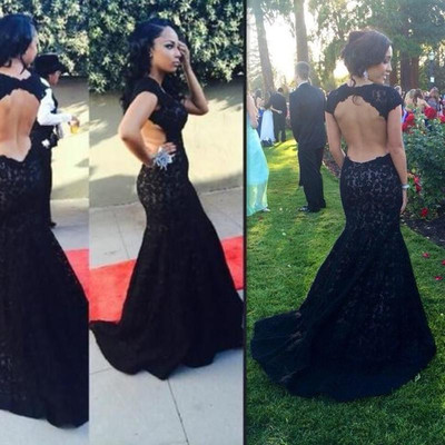 Black mermaid satin prom dresses open back lace women party dresses