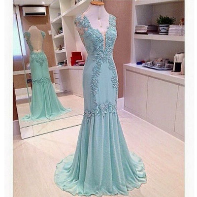 Scoop neck mermaid chiffon prom dresses lace beaded women dresses