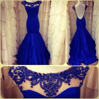 Open back royal blue satin prom dresses scoop neck crystals women dresses