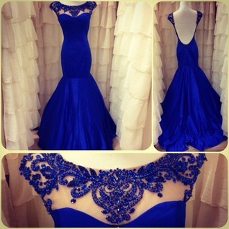 Open back royal Blue Satin prom Dresses Scoop neck Crystals Women Dresses