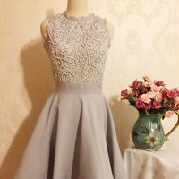Lovely Lace Grey Short Stylish girl dress,party dress,homecoming dresses, Teen Dresses - Thumbnail 1