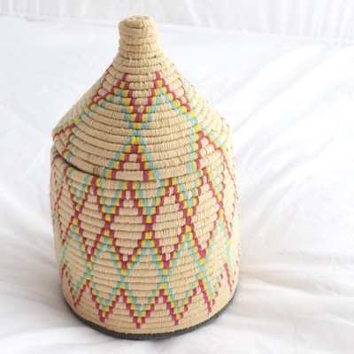 Berber basket handwoven moroccan wool lidded basket