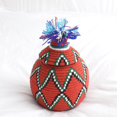 Berber basket handwoven vintage moroccan wool lidded basket