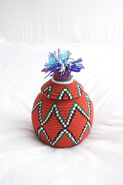 Berber Basket Handwoven Vintage Moroccan Wool Lidded Basket