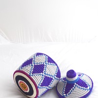 Berber Basket Handwoven Vintage Moroccan Wool Lidded Basket - Thumbnail 3