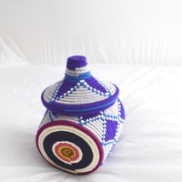 Berber Basket Handwoven Vintage Moroccan Wool Lidded Basket - Thumbnail 4