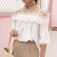 Retro Lace Cold Shoulder Blouse - Thumbnail 4