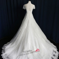 Real Mermaid Wedding Dresses White Short Sleeves V-neck Long Lace Appliques Wedding Gowns Plus Size Bridal Gowns RW193 - Thumbnail 1