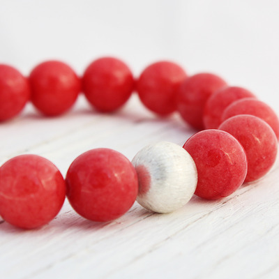 Red apple jade sterling silver beaded bracelet