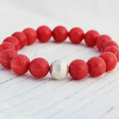 Red apple jade sterling silver beaded bracelet