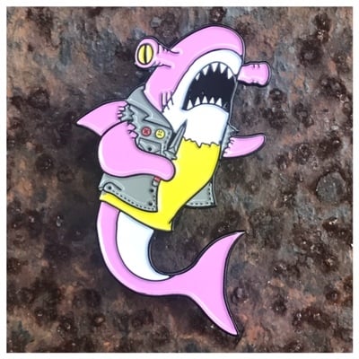 Stab shark pink enamel pin 005p