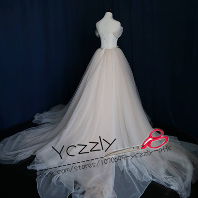 Simple off-shoulder wedding dresses light champagne a-line tulle plus size long wedding gowns rw201