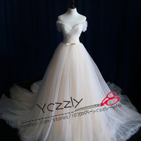 Simple Off-shoulder Wedding Dresses Light Champagne A-line Tulle Plus Size Long Wedding Gowns RW201 - Thumbnail 4