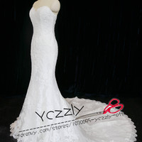 Elegant Sweetheart Lace Mermaid Wedding Dresses 2017 Long Appliques Crystal Plus Size Wedding Gowns With Cape RW212 - Thumbnail 2