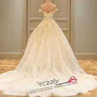 Luxury Dubai Ball Gown Puffy Long Lace Wedding Dresses 2017 Real Off-shoulder Flowers Crystal Bridal Gown Vestido De Noiva RW213 - Thumbnail 1