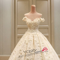 Luxury Dubai Ball Gown Puffy Long Lace Wedding Dresses 2017 Real Off-shoulder Flowers Crystal Bridal Gown Vestido De Noiva RW213 - Thumbnail 3