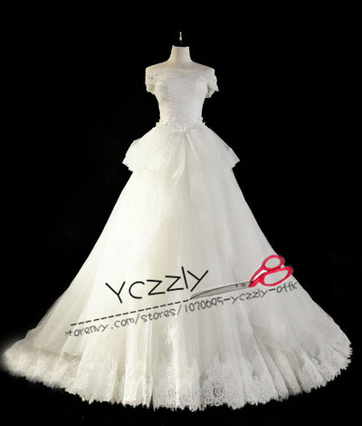 Fashion Off-shoulder Ball Gown Puffy Wedding Dresses 2017 Long Plus SIze Lace Appliques Crystal Bridal Gowns RW222