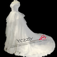 Fashion Off-shoulder Ball Gown Puffy Wedding Dresses 2017 Long Plus SIze Lace Appliques Crystal Bridal Gowns RW222 - Thumbnail 1