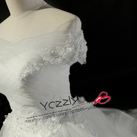 Fashion Off-shoulder Ball Gown Puffy Wedding Dresses 2017 Long Plus SIze Lace Appliques Crystal Bridal Gowns RW222 - Thumbnail 3