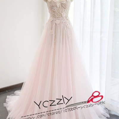 Romantic pink a-line sweetheart appliques crystal beach wedding dresses long floral bridal gowns rw224