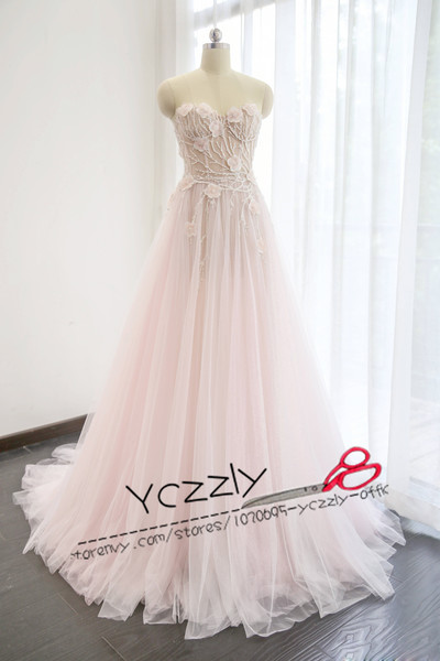 Romantic Pink A-line Sweetheart Appliques Crystal Beach Wedding Dresses Long Floral Bridal Gowns RW224