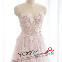 Romantic Pink A-line Sweetheart Appliques Crystal Beach Wedding Dresses Long Floral Bridal Gowns RW224 - Thumbnail 2