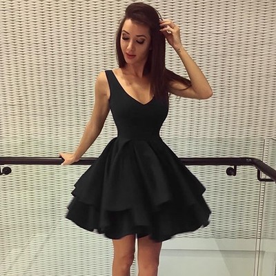 Cute black A-line V neck short prom dress,black homecoming dress