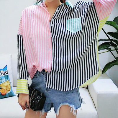 Pastel color block striped long sleeve blouse