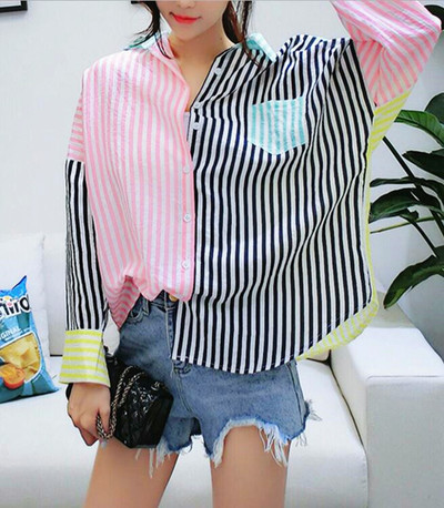Pastel Color Block Striped Long Sleeve Blouse