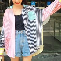 Pastel Color Block Striped Long Sleeve Blouse - Thumbnail 1