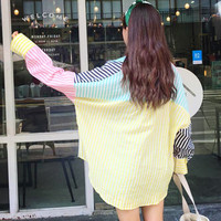 Pastel Color Block Striped Long Sleeve Blouse - Thumbnail 2