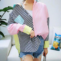 Pastel Color Block Striped Long Sleeve Blouse - Thumbnail 3