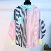 Pastel Color Block Striped Long Sleeve Blouse - Thumbnail 4