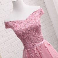 Charming A line pink lace off shoulder prom dress, homecoming  dresses - Thumbnail 1