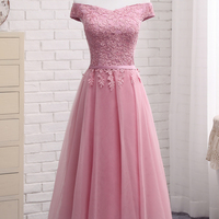 Charming A line pink lace off shoulder prom dress, homecoming  dresses - Thumbnail 2