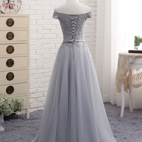 Cute A line gray lace off shoulder prom dress, cheap evening dresses - Thumbnail 3