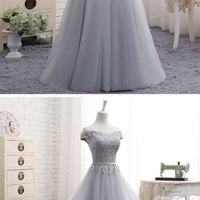 Cute A line gray lace off shoulder prom dress, cheap evening dresses - Thumbnail 4