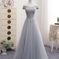 Cute A line gray lace off shoulder prom dress, cheap evening dresses - Thumbnail 1