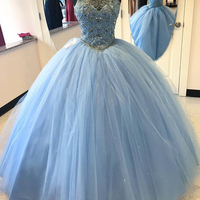 Ball gown prom dresses,Blue A-line Scoop Floor-length Elastic Woven Satin Prom Dresses Evening Dresses SKY577 - Thumbnail 1