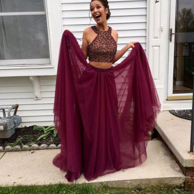 A-line prom dresses,two pieces scoop floor-length evening dress prom dresses sky571