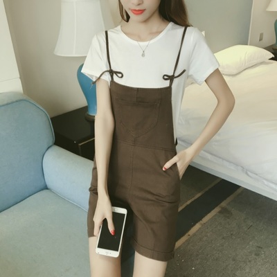 Slim straps overall shorts set