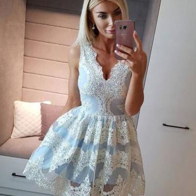 cute light blue v neck lace short prom dress, light blue homecoming dress - Thumbnail 3