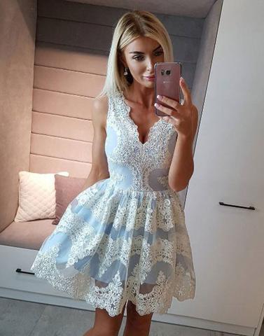  Cute light blue v neck lace short prom dress, light blue homecoming dress
