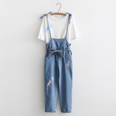 Kitty embroidery overall jeans - Thumbnail 4