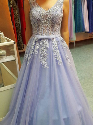 Charming prom dresses,Blue A-line V-neck Floor-length Tulle Evening Dress Prom Dresses SKY560