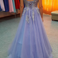 Charming prom dresses,Blue A-line V-neck Floor-length Tulle Evening Dress Prom Dresses SKY560 - Thumbnail 1