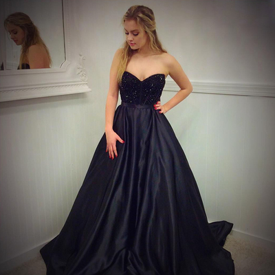 Unique strapless black  long prom dress, black evening dresses