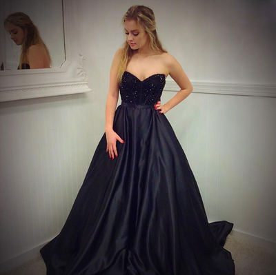 Unique strapless black  long prom dress, black evening dresses